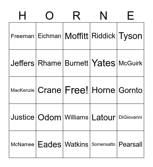 HORNE Family Bingo Card