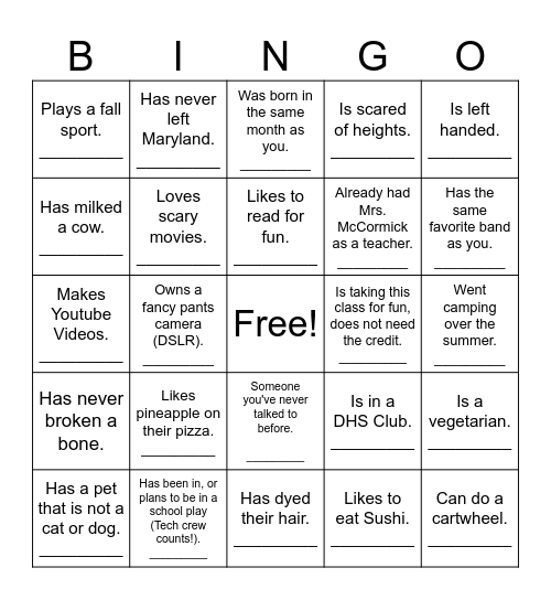 Get to know you BINGO! Bingo Card