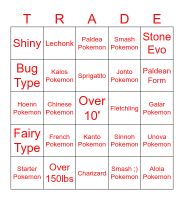 Pokemon Trade Bingo Card