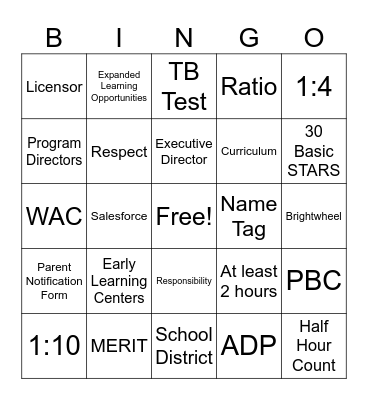 YMCA Child Care Bingo Card