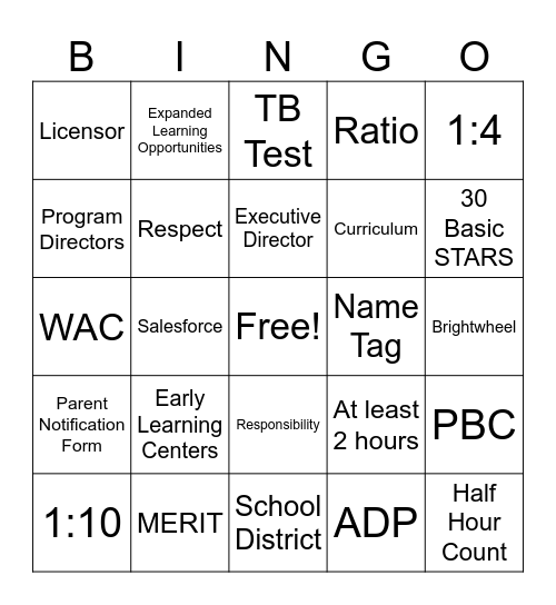 YMCA Child Care Bingo Card