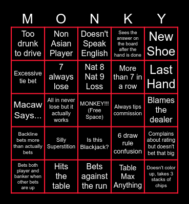 Baccarat Dealer Bingo Card