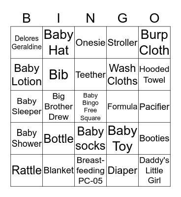 Casey's Baby Shower Bingo Card