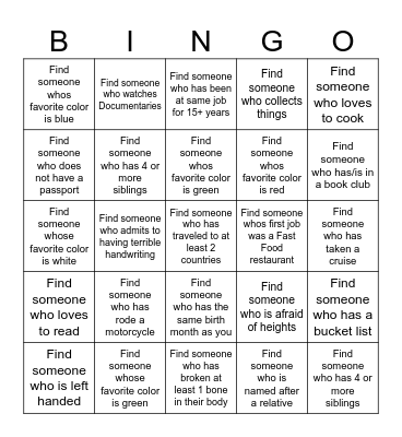 GET TO KNOW YOU Bingo Card