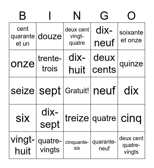 French Numbers! Bingo Card