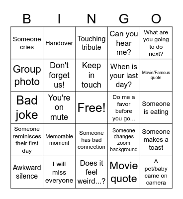 Virtual Farewell Party Bingo Card