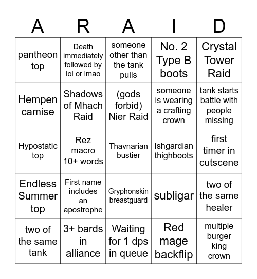 A-Raid Bingo Card