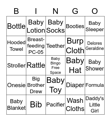 Casey's Baby Shower Bingo Card