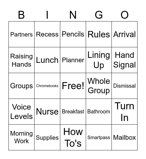 Classroom Procedures! Bingo Card