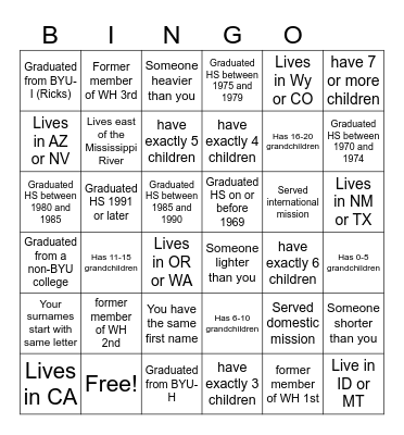 Woodland Hills Reunion Bingo Card