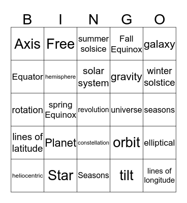 Space Vocabulary Bingo Card