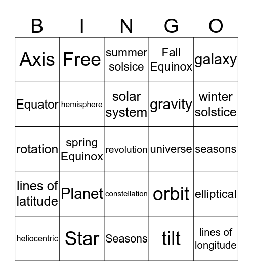 Space Vocabulary Bingo Card