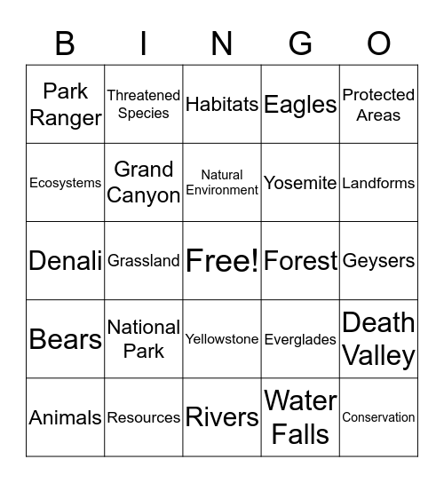 National Park Bingo Card