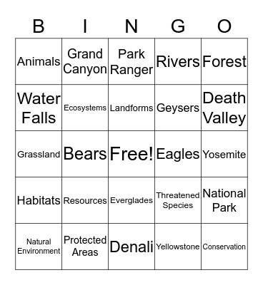 Our National Parks Bingo Card