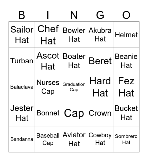 NAME THE HATS Bingo Card