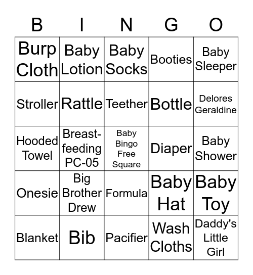Casey's Baby Shower Bingo Card