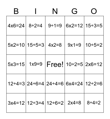 Related Multiplication Facts Bingo Card