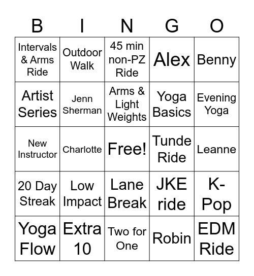 Monthly Peloton Challenge Lite Bingo Card