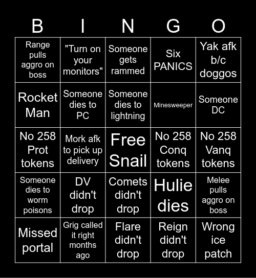 Instability Raid Bingo Card Bingo Card