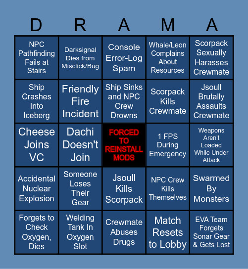 Barodrama Incident Report Bingo Card