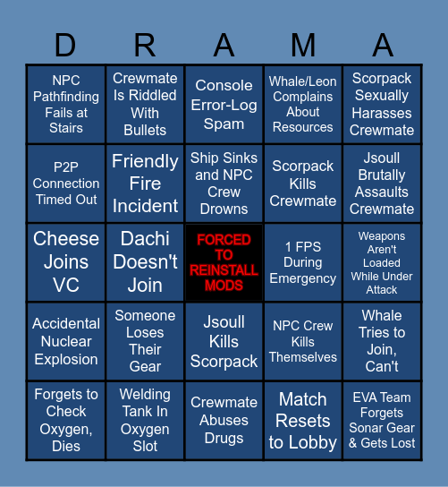 Barodrama Incident Report Bingo Card