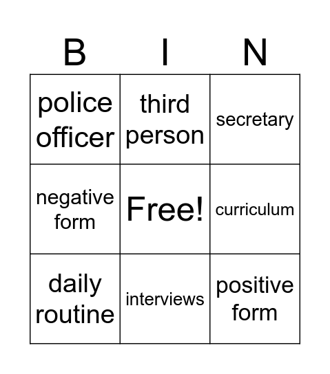 Vocabulary Bingo Card