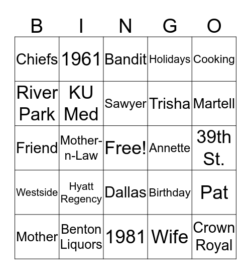 Pat's Birthday Bingo Card