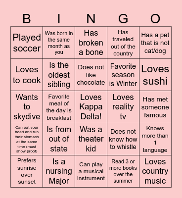 Kappa Delta Bingo Card