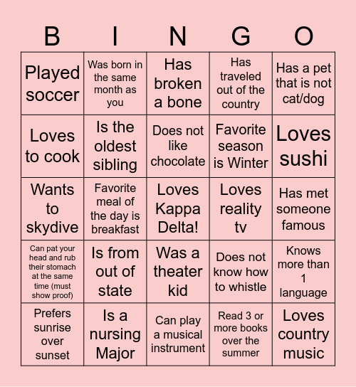 Kappa Delta Bingo Card