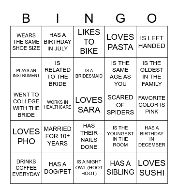 Sara's Bridal Shower Bingo Card