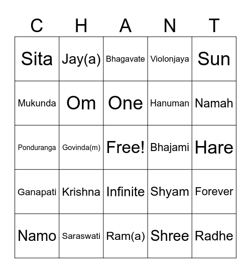 Bhakti Bingo Card