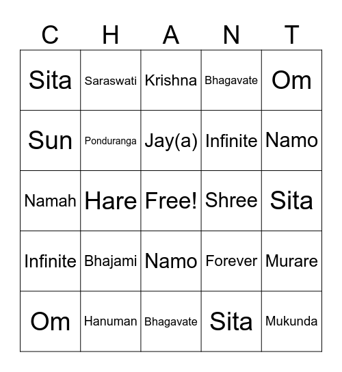 Bhakti Bingo Card