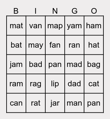word family Bingo Card