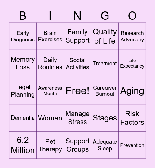 Alzheimer's Disease Bingo Card