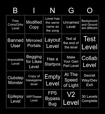 Geometry Dash | Recent Tab Bingo Card