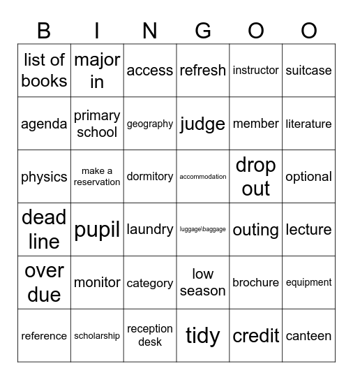 school life & travel     Bingo Card