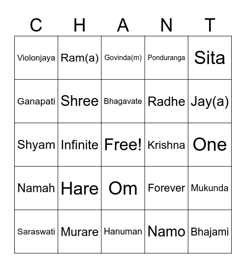 Bhakti Bingo Card