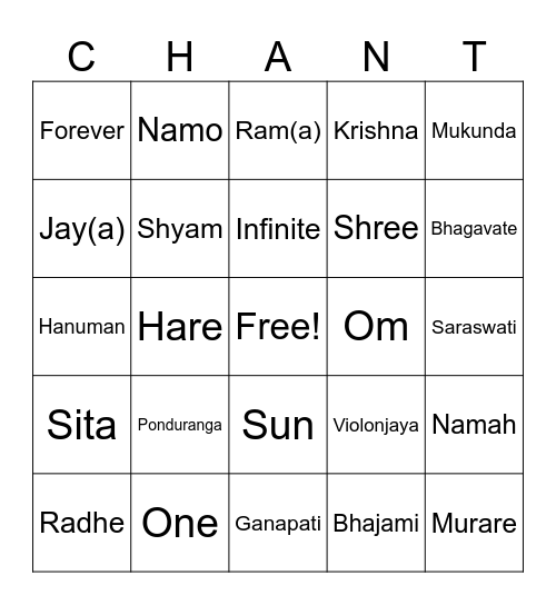 Bhakti Bingo Card