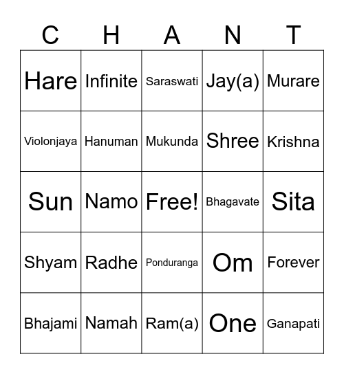 Bhakti Bingo Card