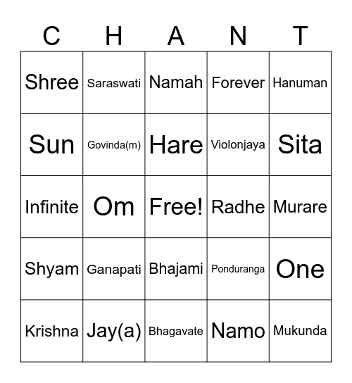 Bhakti Bingo Card