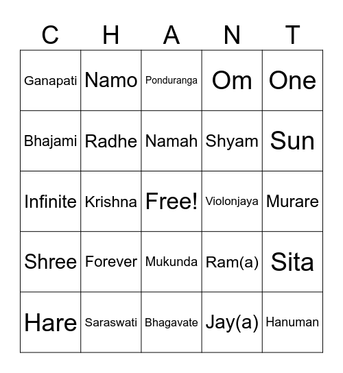 Bhakti Bingo Card