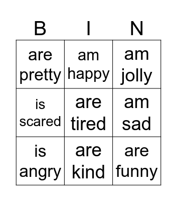The verb 'to be' Bingo Card