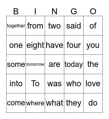 Sight Words Bingo Card