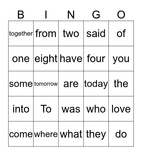 Sight Words Bingo Card