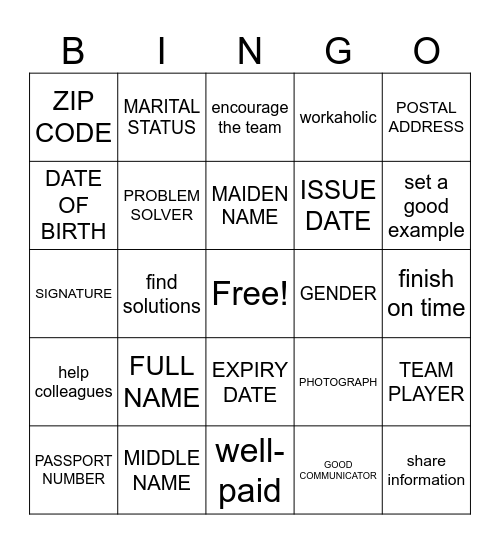 PERSONAL DETAILS Bingo Card