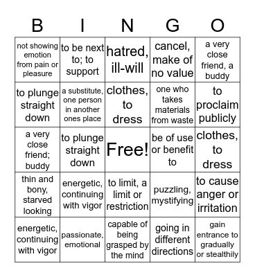 Unit 8 Vocabulary Bingo Card