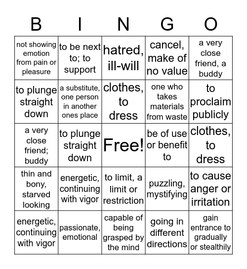 Unit 8 Vocabulary Bingo Card
