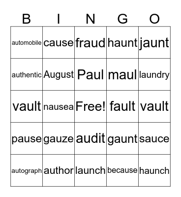"AU"  BINGO Card
