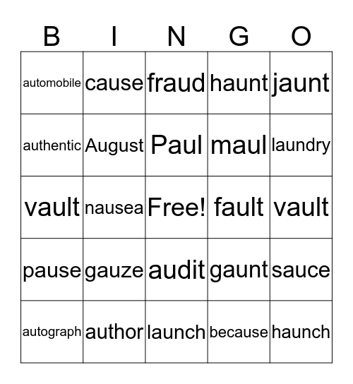"AU"  BINGO Card
