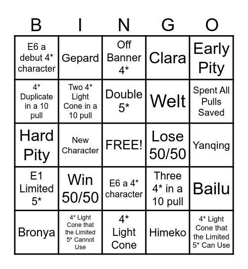 Honkai Star Rail BINGO Warp Bingo Card